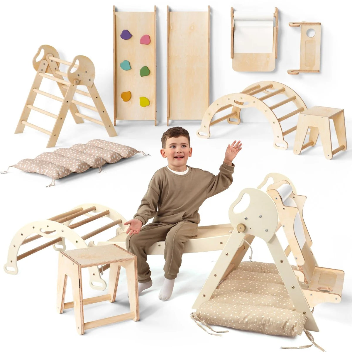 4-i-1 Montessori klatrestativ med kunsttavle i bjørkefiner – barn 1–3 år, beige