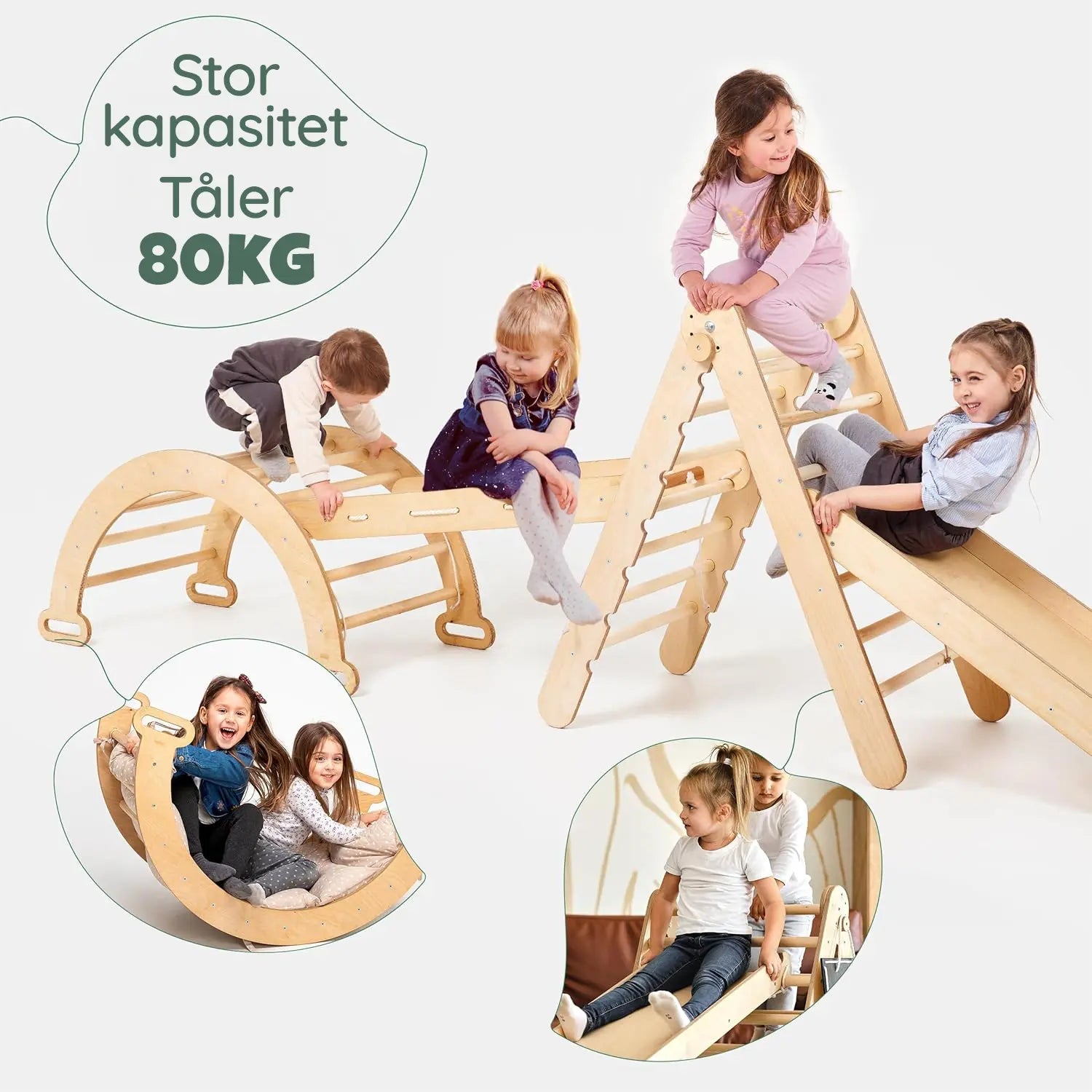 Klatrebue med beige pute som vippe – del av 5-i-1 klatresett for småbarn
