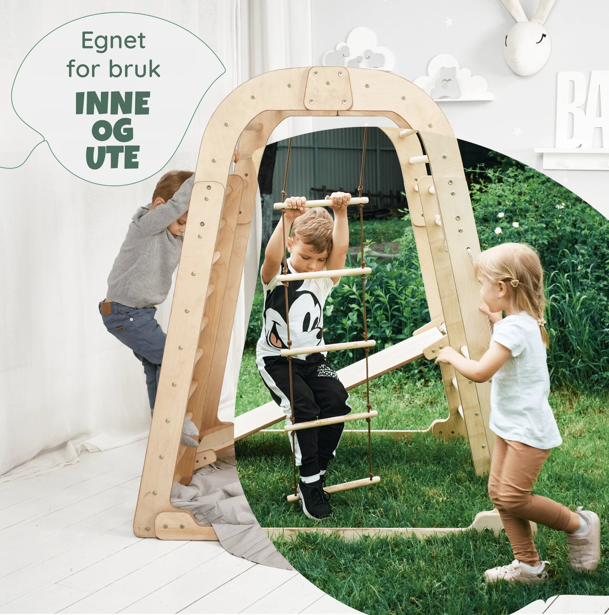 6-i-1 lekeplass i latvisk bjørkefiner – naturlig tre, håndslipt, 119×114×144 cm