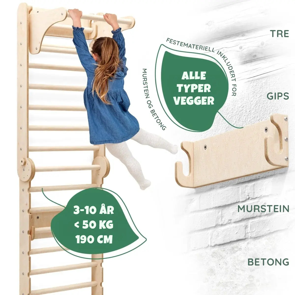 Innendørs klatrevegg med gymnstikkringer og tallerkenhuske – naturlig tre, barn 1–7 år