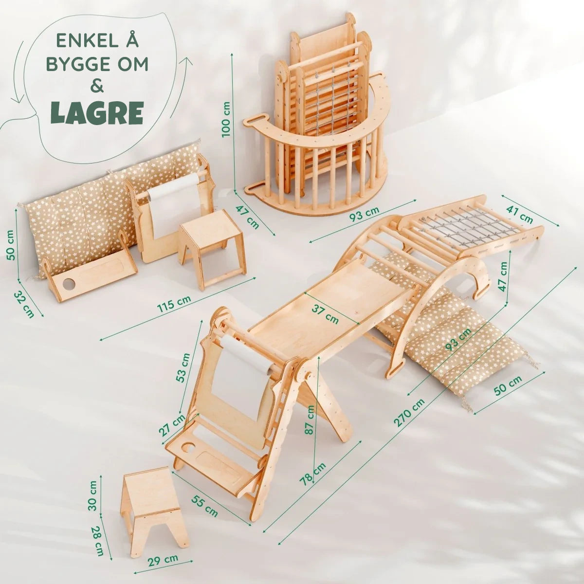 Barn klatrer på 6-i-1 Montessori klatresett – bjørkefiner, barn 1–7 år, beige pute