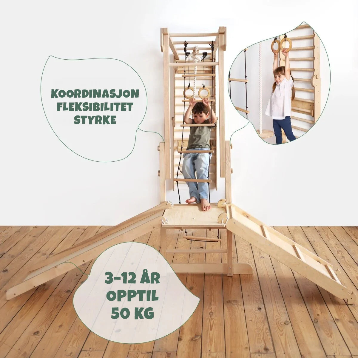 7-i-1 jungelpark sammenfoldet som ribbevegg – plassvennlig innendørs lekesystem