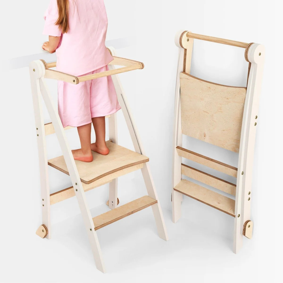 Montessori hjelpetårn i bjørkefiner – sammenleggbart, 88 cm høyt, barn fra 1 år