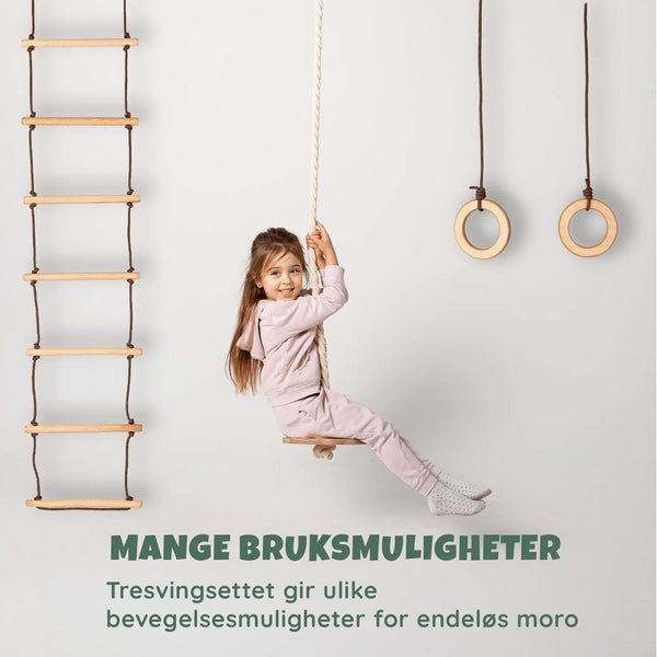 3-i-1 klatre- og huskesett i eik – tallerkenhuske, turnringer og taustige for barn