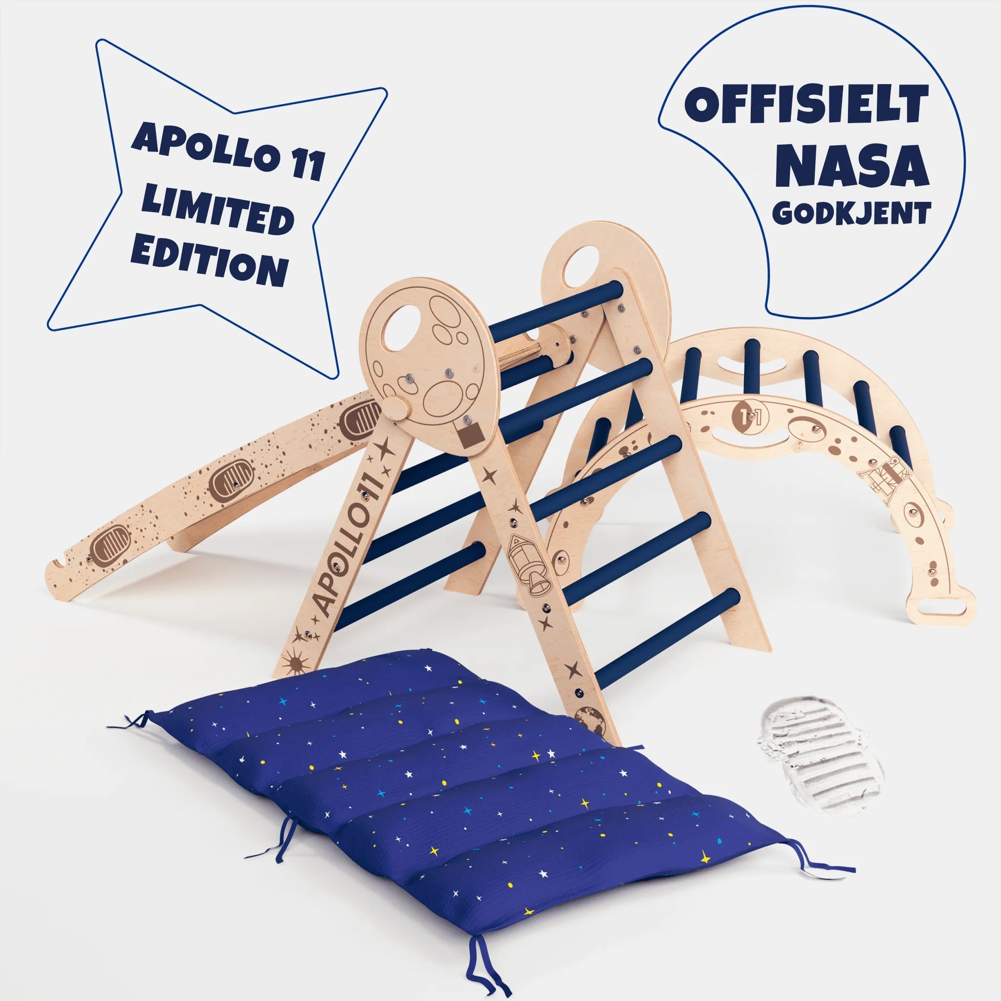 Sklie med astronautmotiv i Apollo klatresett – treverk med klatregrep, barn 1–3 år