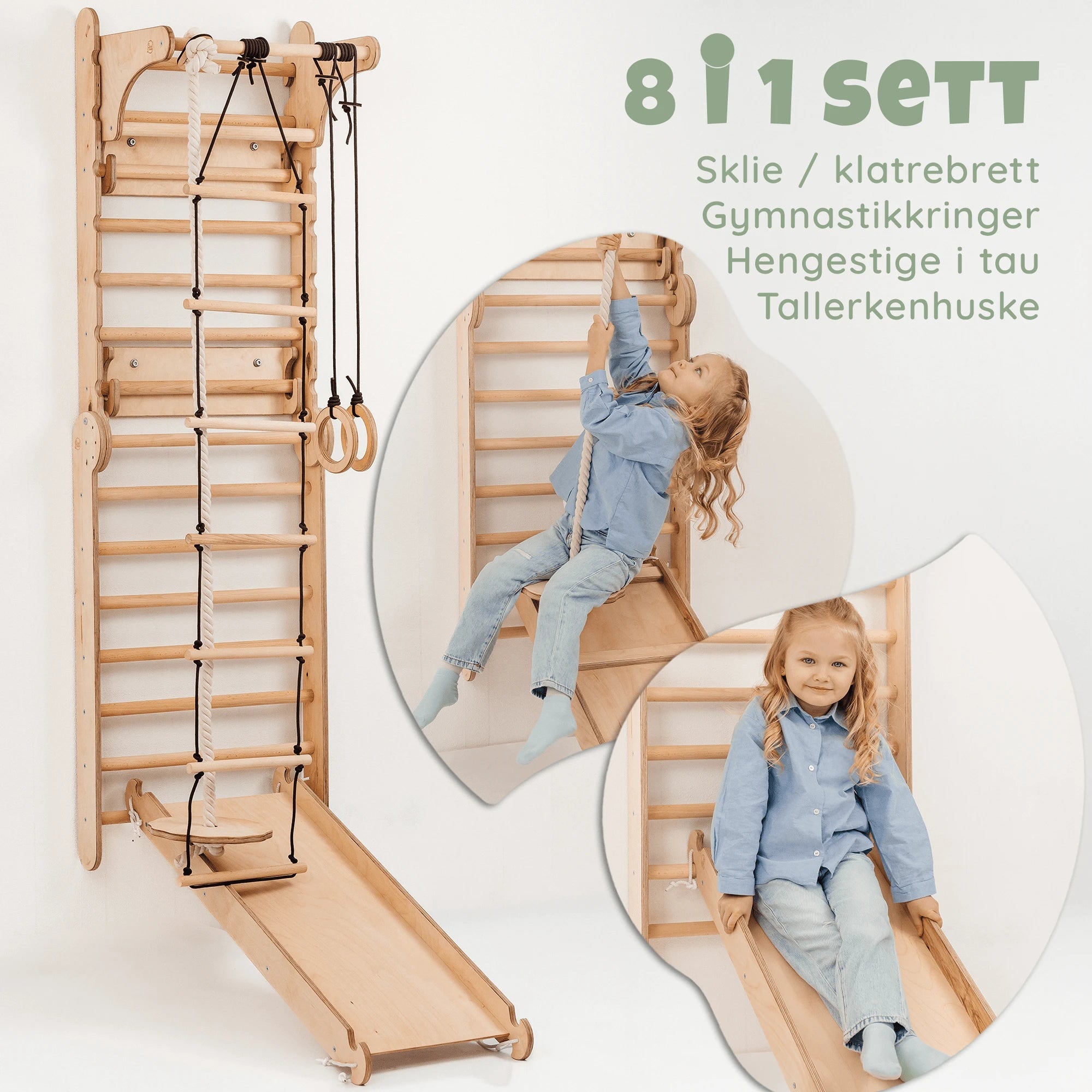 Klatrevegg med tegnetavle og pull-up-stang i bjørkefiner – innendørs klatring for barn